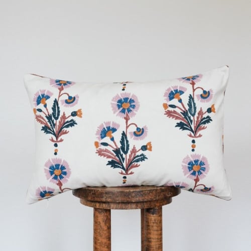 Printed Flowers on Off White Cotton Lumbar Pillow 14x22 | Pillows by Vantage Design