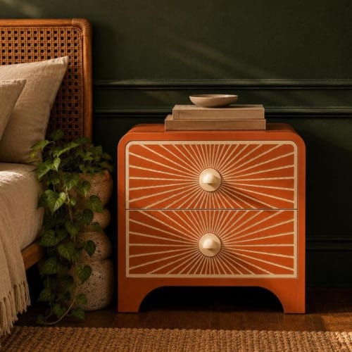 Terracotta Bone Inlay Nightstand, Sunburst Curved Bedside Table, 2 Drawer Burnt Orange 70s Furniture | Storage by IKKAZA