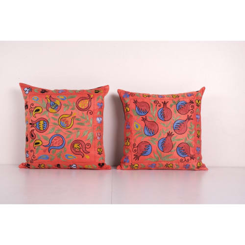 Suzani Silk Cushion Cover, Set of Two Hand Embroidery Peach | Pillows by Vintage Pillows Store