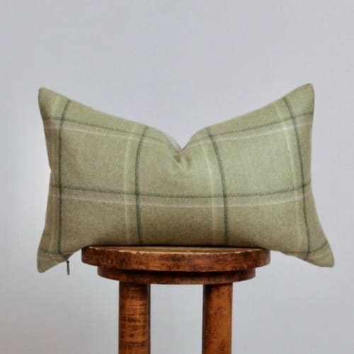 Moss Green Plaid Wool Lumbar Pillow 12x20 | Pillows by Vantage Design