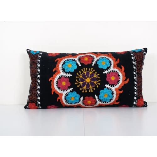 Vintage Colorful Velvet Suzani Lumbar Pillow Cover, 1960s Ha | Pillows by Vintage Pillows Store