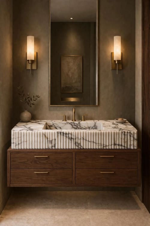 Fluted Calacatta Viola Marble Sink with Wood Vanity | Water Fixtures by Vero Marble