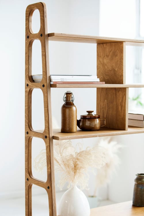 Mid Century Modern Ladder Bookshelf, Modular wall shelving | Storage by Plywood Project