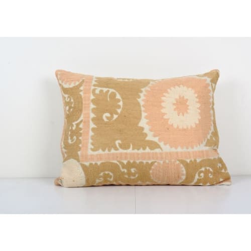 Pink and Tan Suzani Lumbar Cushion Cover, Tribal House Decor | Pillows by Vintage Pillows Store