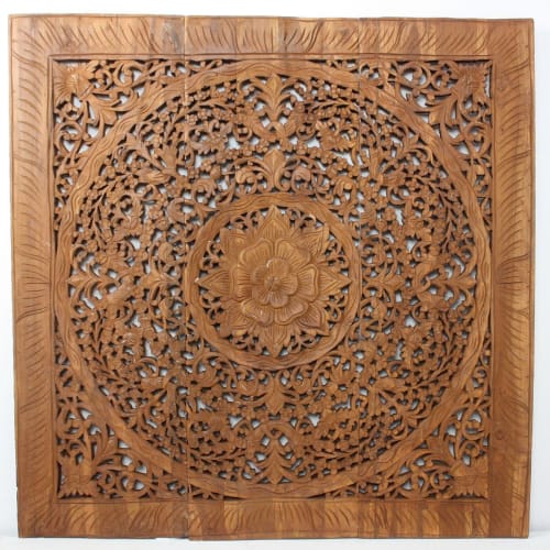 Haussmann® Teak Lotus Panel Inlay 36 in x 36 in Brown Stain | Engraving in Art & Wall Decor by Haussmann®