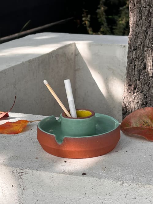 Mineral x Tru Ceramics Volcano Ashtray, Turquoise and Sunflo | Tableware by Mineral Ceramics