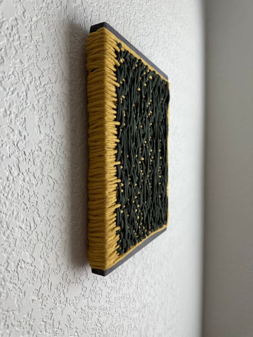 Woven Tile 9x12 - Spaced - Mustard and Green | Wall Sculpture in Wall Hangings by Mpwovenn Fiber Art by Mindy Pantuso