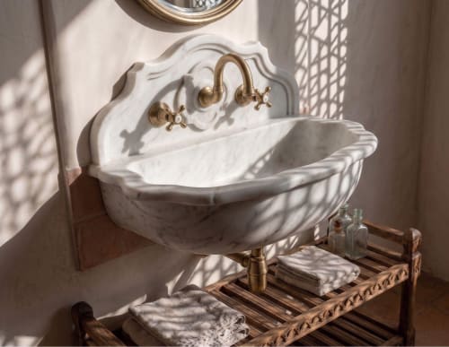 Handcrafted Carrara Marble Sink – Integrated Backsplash, Wall Mount Vanity | Water Fixtures by AYMARBLEDESIGN LLC