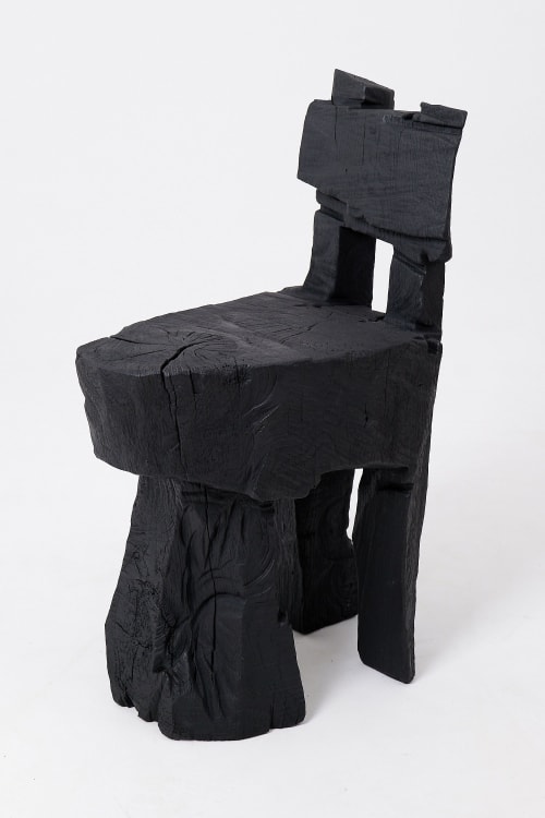 Brutalist Sculptural Stool, Carved, Solid Wood, Oak, Black, Rustic | Chairs by Logniture