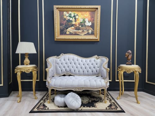 French Style Settee/ Aged Gold Leaf Frame / Tufted Gray Velv | Couches & Sofas by Art De Vie Furniture