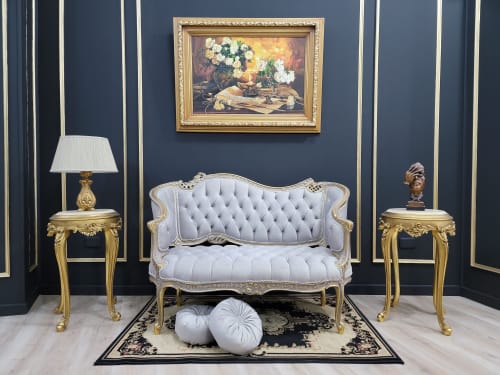 French Style Settee/ Aged Gold Leaf Frame / Tufted Gray Velv | Couch in Couches & Sofas by Art De Vie Furniture