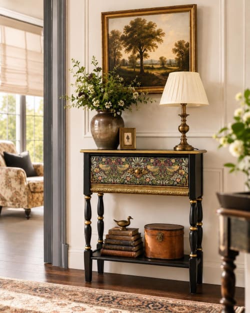 William Morris Strawberry Thief Console Table – Handcrafted Narrow Entryway Table with Drawer | Tables by Alevtina G