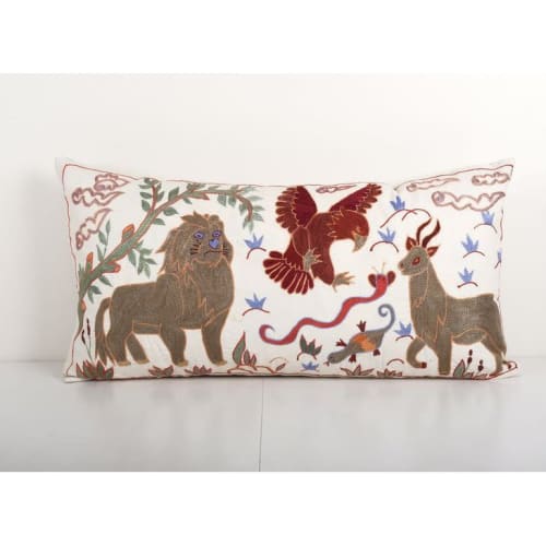 Extra Long Animal Pictorial Lion Cushion, Kingsize Suzani Be | Pillows by Vintage Pillows Store
