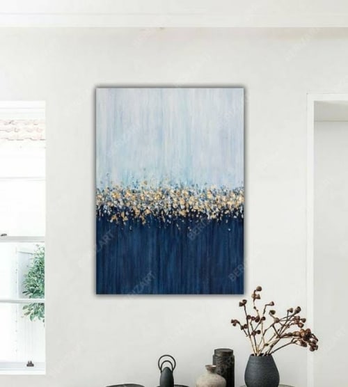 Large gold leaf painting dark blue wall art navy blue gold | Oil And Acrylic Painting in Paintings by Berez Art