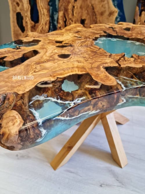 Aqua epoxy coffee table, olive epoxy coffee table, river rub | Tables by Brave Wood