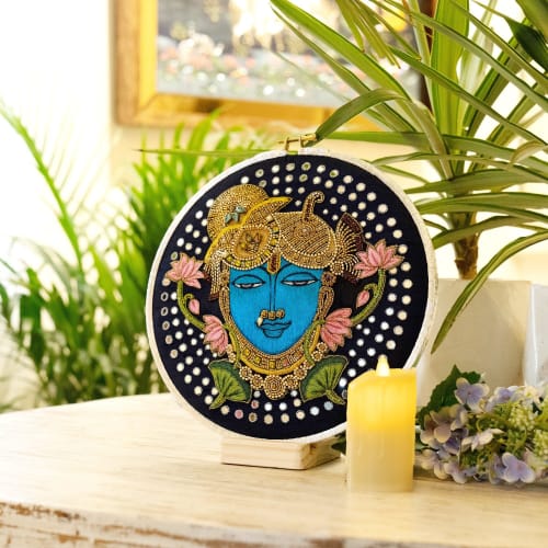 Shrinathji Nathdwara Crystallise Thread Handmade Artwork Fro | Embroidery in Wall Hangings by MagicSimSim