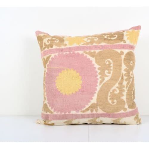 Mid 20th C. Suzani Pink Pillowcase Made From a Samarkand Suz | Pillows by Vintage Pillows Store