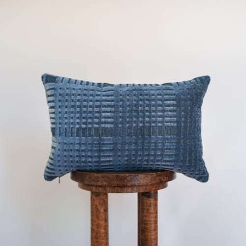 High Pile Blue Chenille Squares Lumbar Pillow 12x18 | Pillows by Vantage Design