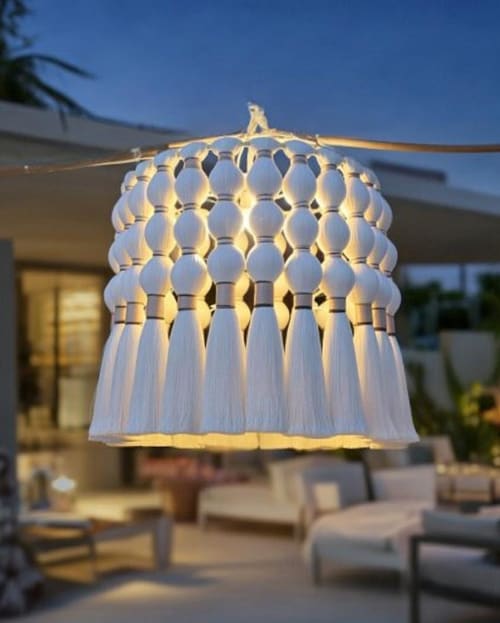 White Tassel Chandelier Boho Fringe Pendant Light Handmade Cotton Ceiling Lamp | Macrame Wall Hanging in Wall Hangings by RavaTapestryArt