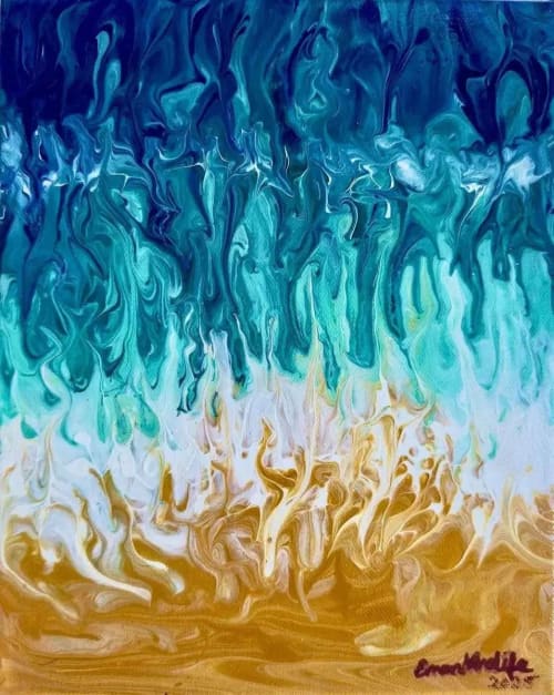 Good Tidings - Framed Original Painting - Fluid Blue Gold Ocean Art | Oil And Acrylic Painting in Paintings by Eman's Gallery