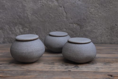 STC pebble stone lidded jar container, minimalist monochrome | Vessels & Containers by Laima Ceramics