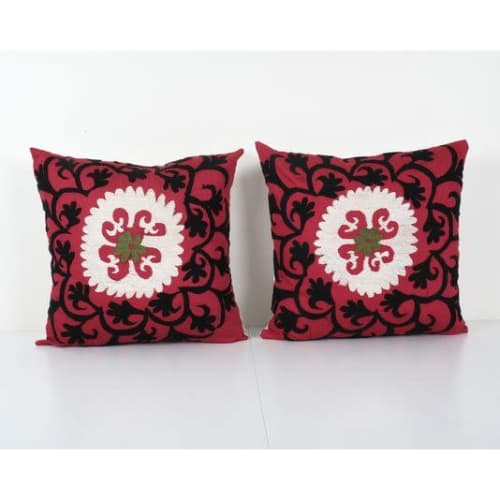 Suzani Red Bohemian Cushion Cover, Set of Two Embroidery Tri | Pillows by Vintage Pillows Store