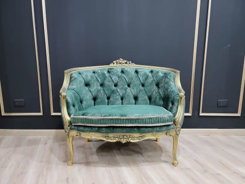 French Style Settee/ Aged Gold Leaf Frame/ Hand Carved Wood | Couches & Sofas by Art De Vie Furniture