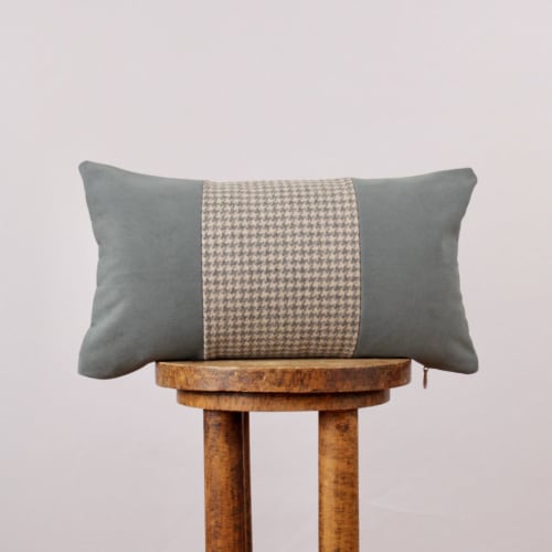 Mini Houndstooth and Teal Suede Lumbar Pillow 11x19 | Pillows by Vantage Design