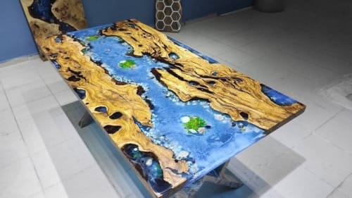 Custom Order Olive Wood Sea Design Blue Epoxy Coffee Table | Dining Table in Tables by LuxuryEpoxyFurniture