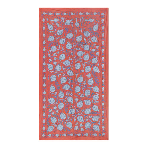 Silk Suzani Throw With Pomegranate Design, Fresh Salmon Suza | Linens & Bedding by Vintage Pillows Store