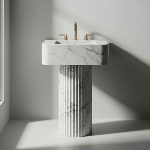 Modern Pedestal Rosso Levanto fluted marble sink | Water Fixtures by AYMARBLEDESIGN LLC