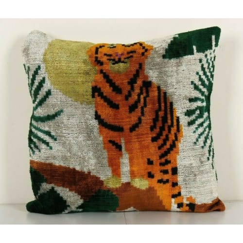 Square Silk Tiger Ikat Velvet Pillow, Yellow Animal Pattern | Linens & Bedding by Vintage Pillows Store