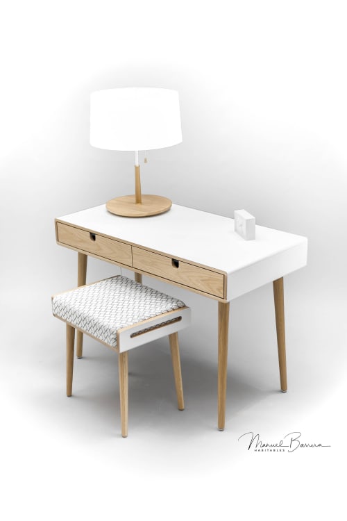 Desk White in Lacquer, Dressing Table with White Stool | Tables by Manuel Barrera Habitables