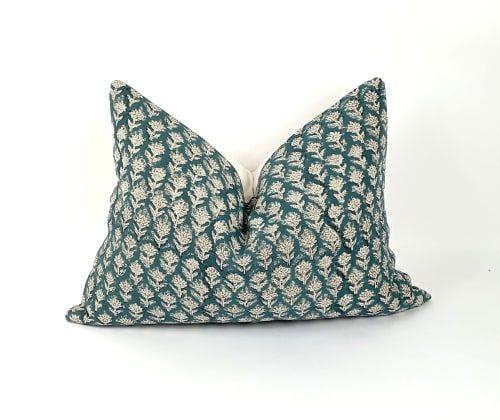 teal block print floral pillow, teal floral pillow | Pillows by velvet + linen