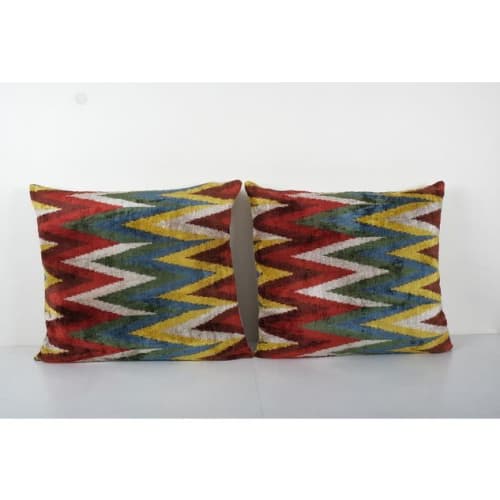 Square Silk Ikat Velvet Pillow Cover - Set Colorful Zig Zag | Pillows by Vintage Pillows Store