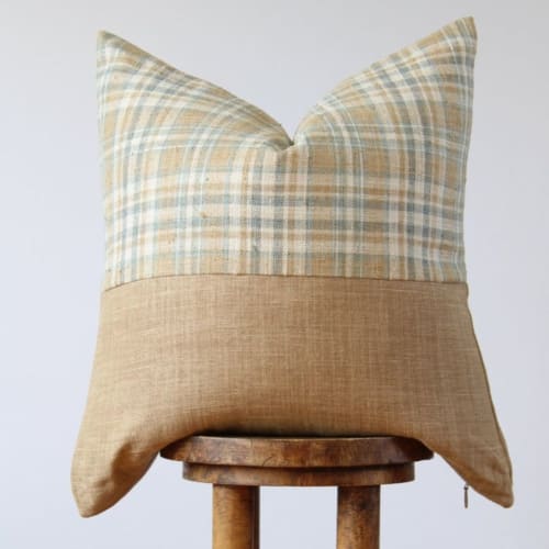 Blue, Gold & Cream Plaid Linen Pillow 22x22 | Pillows by Vantage Design