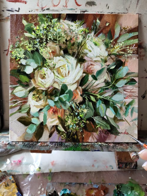 Bridal bouquet painting, Custom wedding flowers portrait | Oil And Acrylic Painting in Paintings by Natart