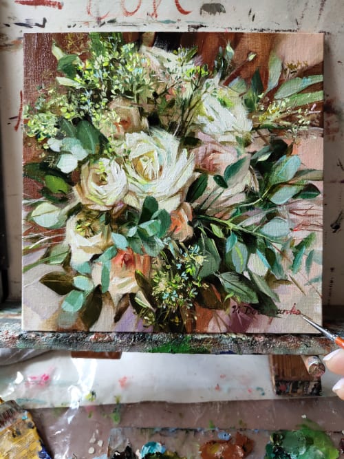 Bridal bouquet painting, Custom wedding flowers portrait | Paintings by Natart