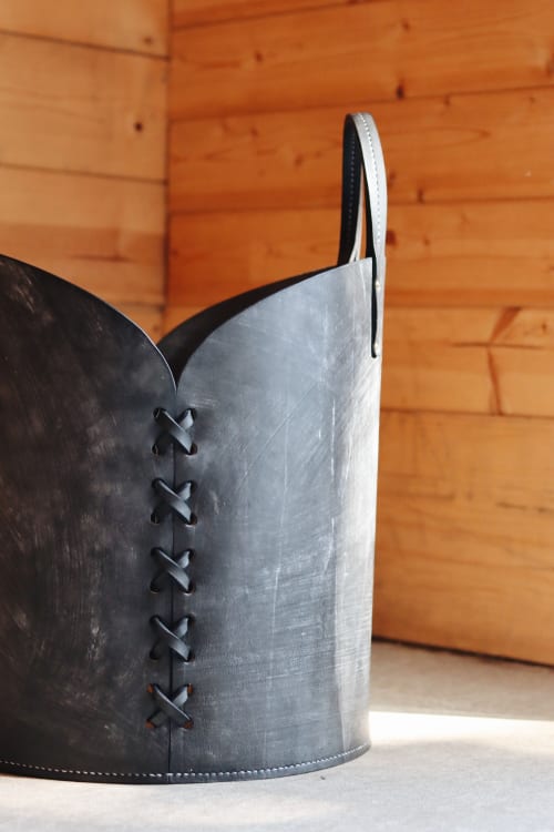 16in Black Leather Basket | Storage Basket in Storage by Harrow and Sickle Leather Design