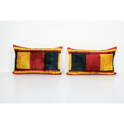 Ikat Velvet Pillow Cover with Rich Border, Matching Red | Linens & Bedding by Vintage Pillows Store