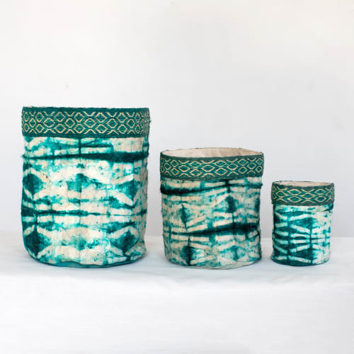 Wild Silk Shibori Basket - Stick Pattern - Emerald & Natural | Storage Basket in Storage by Tanana Madagascar