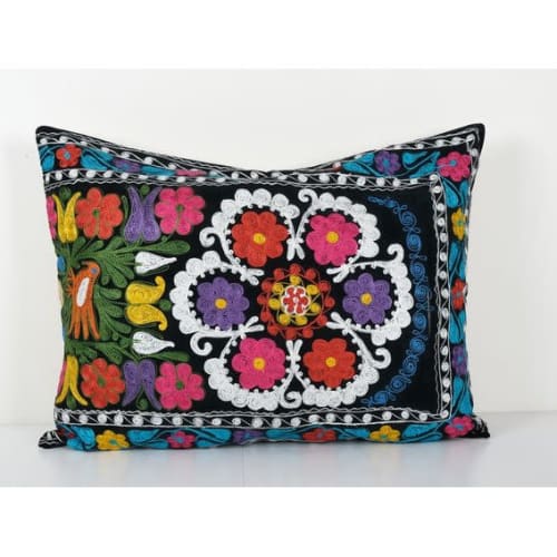 Suzani Velvet Lumbar Cushion Cover, Tribal House Decor- Embr | Pillows by Vintage Pillows Store