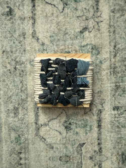 Mini Woven Tile - Denim #3 | Wall Sculpture in Wall Hangings by Mpwovenn Fiber Art by Mindy Pantuso