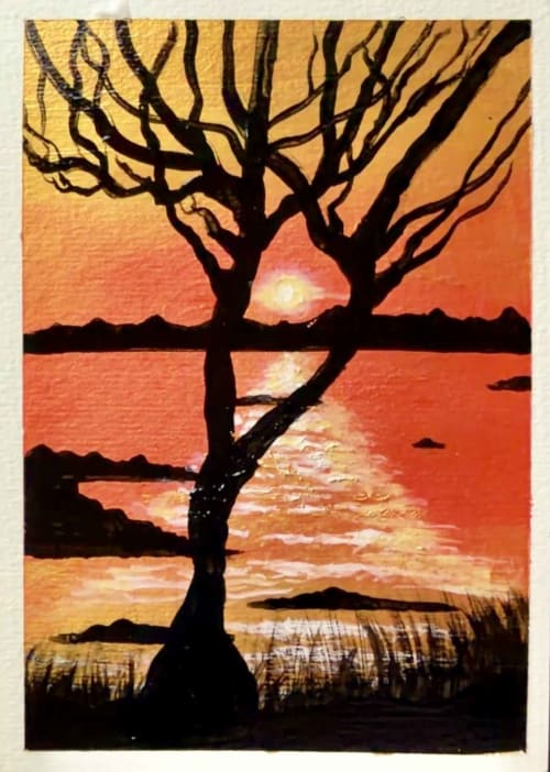 Amber Horizon – Original Sunset Landscape Mini Painting | Work by EMAN K