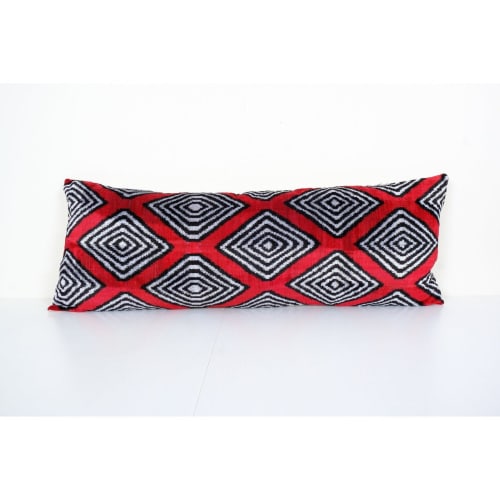 Red Silk Ikat Velvet Pillow, Extra Long Ikat Cushion | Linens & Bedding by Vintage Pillows Store
