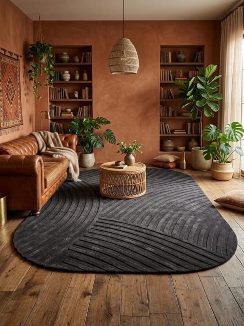Dark Grey Oval Rug | Charcoal Area Carpet | Thick Plush Wool Floor Mat | 3D Textured Minimalist Decor for Moody Living Room | Rugs by Krafcreation