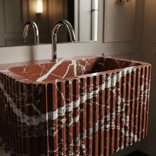 Hand-Carved Rosso Levanto Marble Sink-Fluted Marble Bathroom Vessel Sink | Water Fixtures by AYMARBLEDESIGN LLC