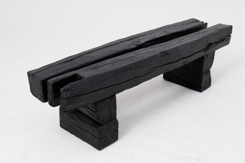 Garden Bench, Rustic Blackened Wood, Raw Organic Form Indoor, Outdoor | Benches & Ottomans by Logniture