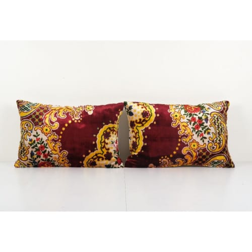 Yellow Lumbar Velvet Pillow Cover, Set Red Ethnic Lumbar | Linens & Bedding by Vintage Pillows Store