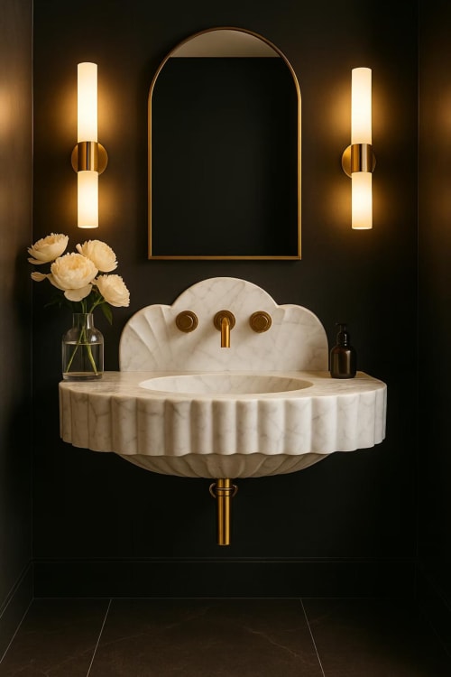 Italian Carrara White Marble Sink, Designer Scalloped Bathroom Vanity | Water Fixtures by Vero Marble
